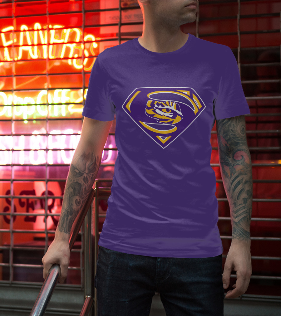Superman LSU Tigers Logo Purple And Gold Tiger Eye T-Shirt
