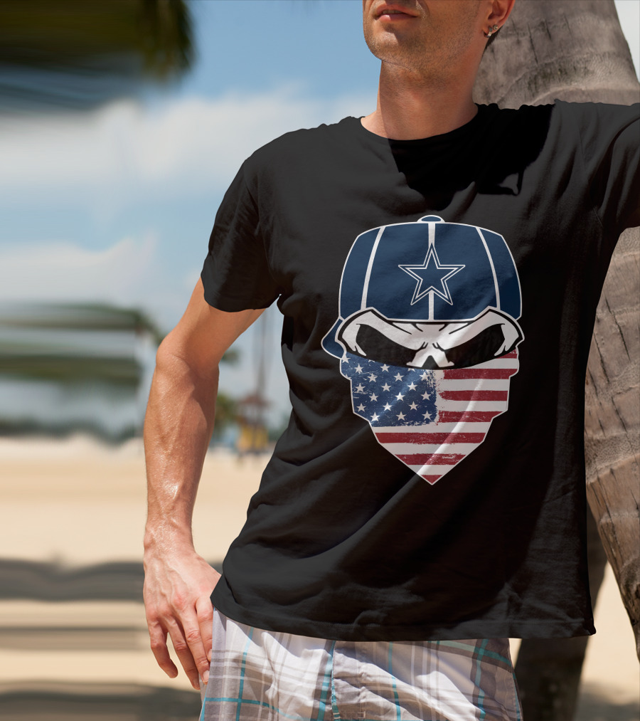 Cowboys Skull With Star Cap And American Flag Bandana T-Shirt