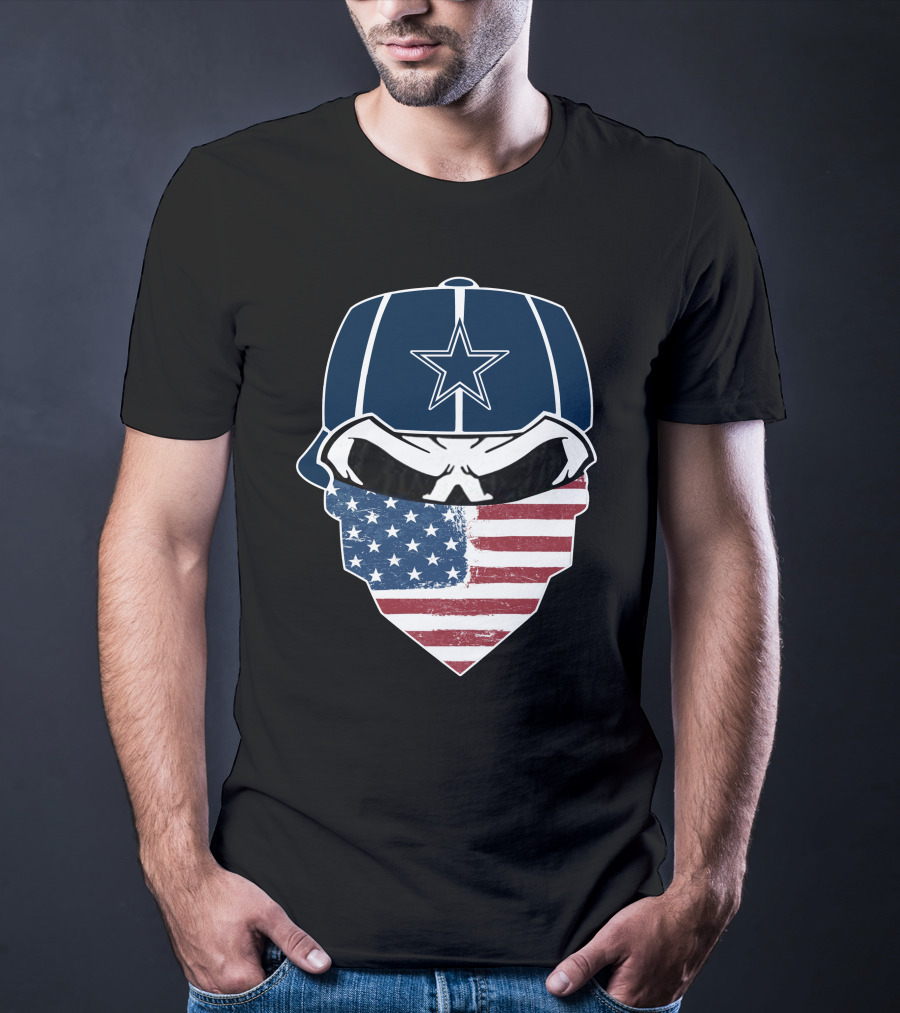 Cowboys Skull With Star Cap And American Flag Bandana T-Shirt