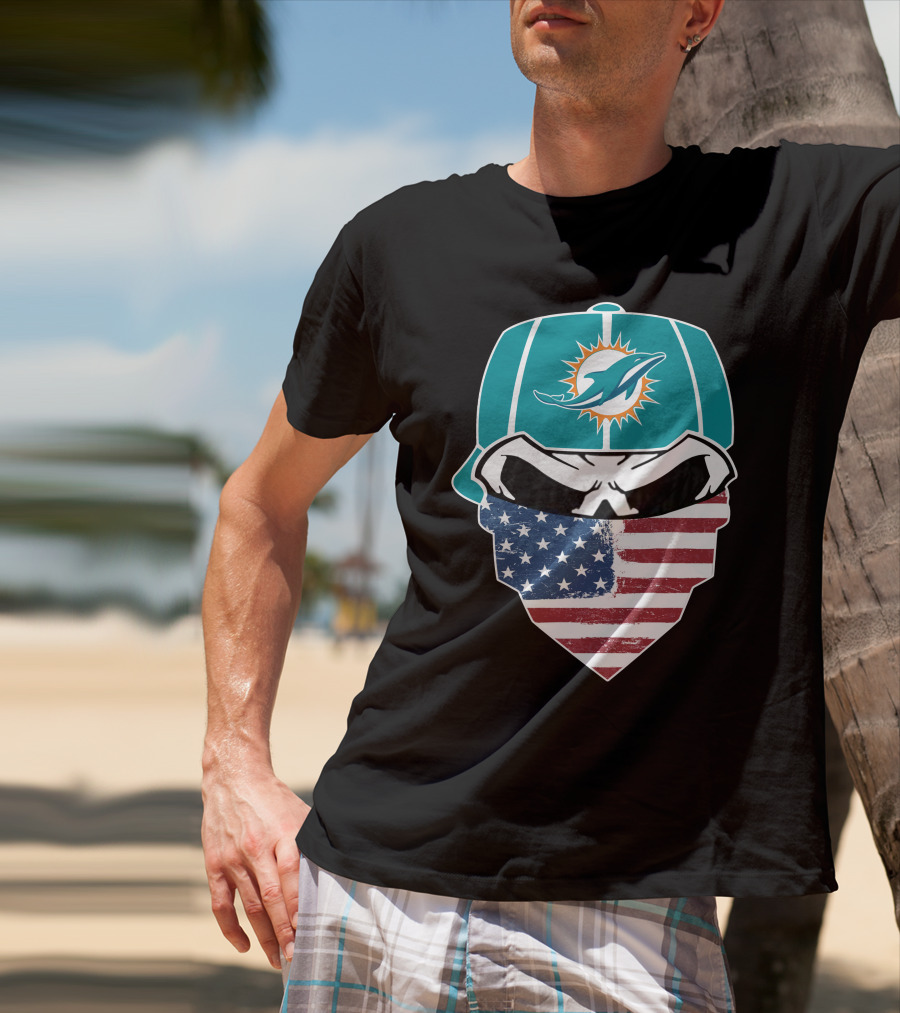 Miami Dolphins Skull American Flag Bandana T-Shirt