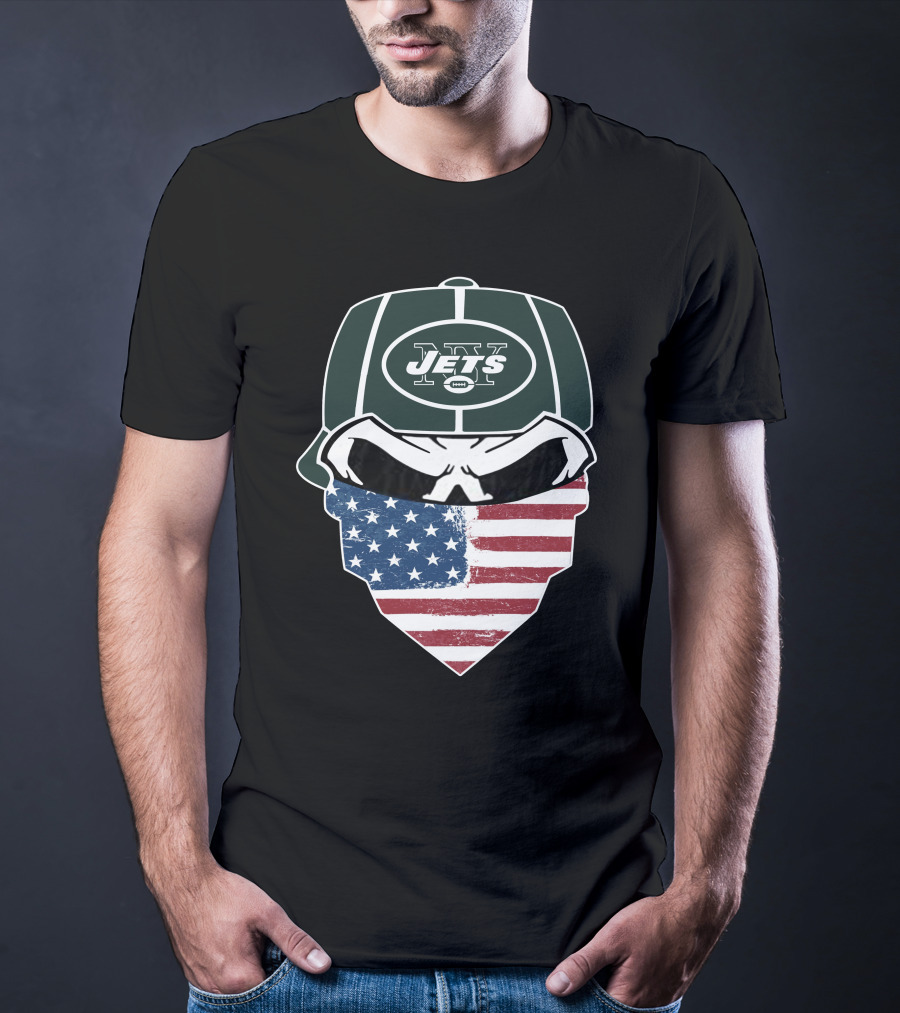 NY Jets Skull With American Flag Bandana T-Shirt