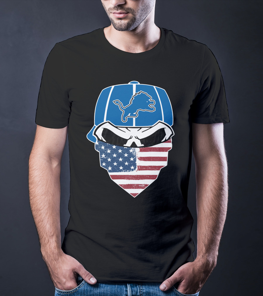 Detroit Lions Skull Bandana American Flag T-Shirt