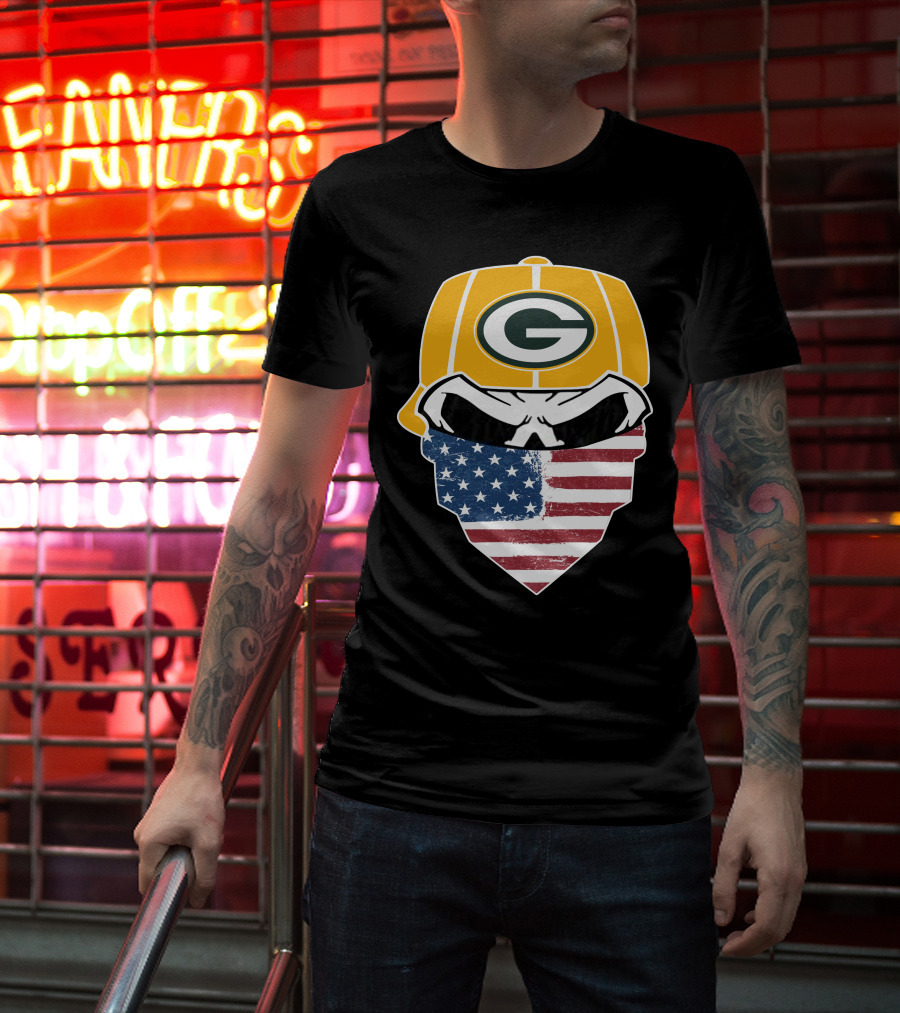 Packers Skull USA Flag Bandana Green Bay Packers Helmet T-Shirt