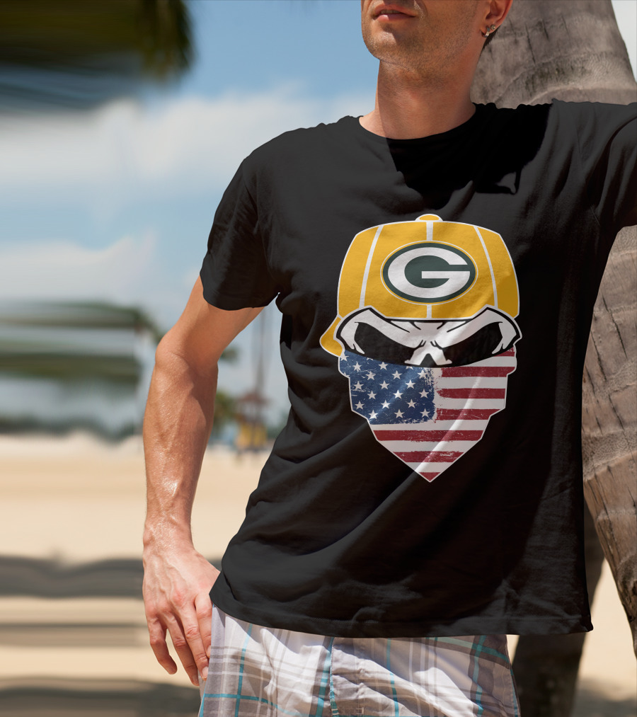Packers Skull USA Flag Bandana Green Bay Packers Helmet T-Shirt