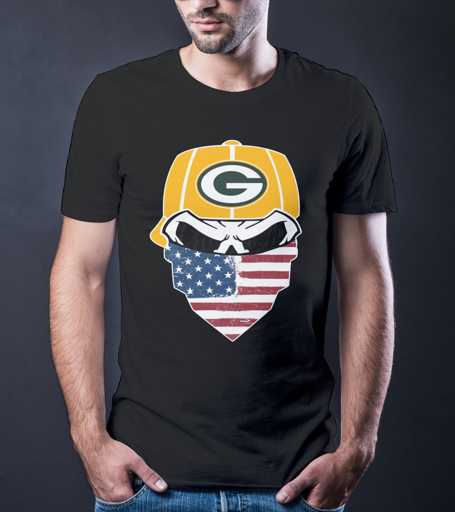 Packers Skull USA Flag Bandana Green Bay Packers Helmet T-Shirt