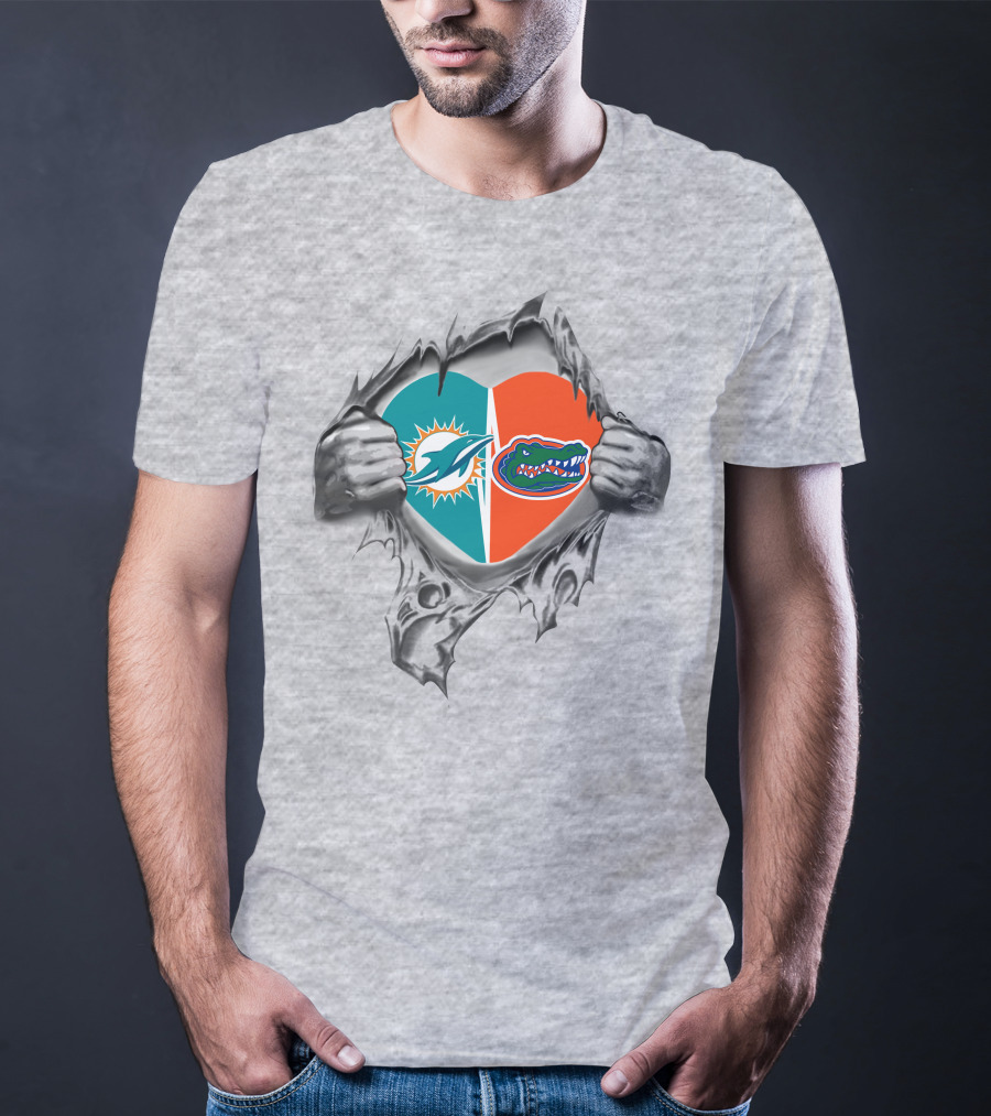 Dolphins Gators Heart Logo Split Ripped T-Shirt