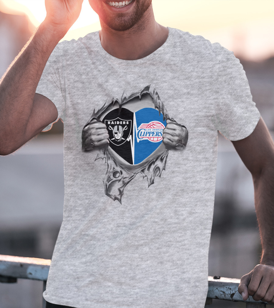 Raiders Clippers Heart With Los Angeles Clippers And Raiders Logos T-Shirt