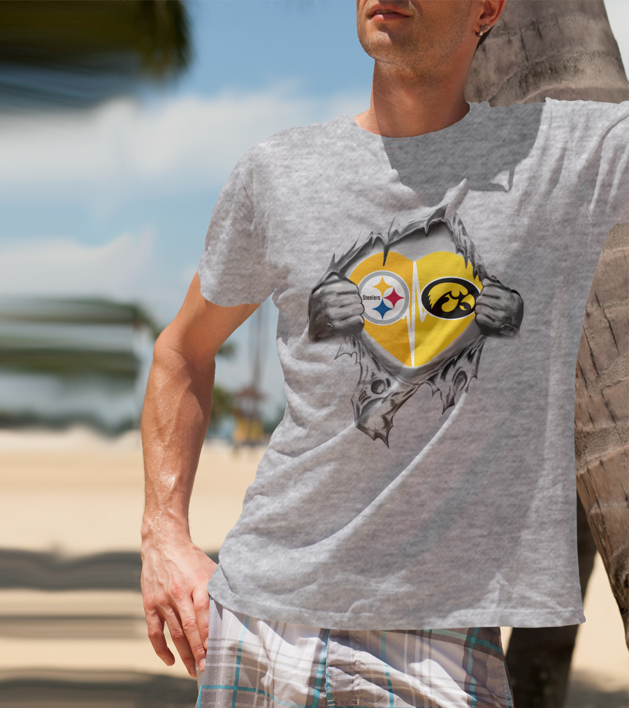 Steelers Hawkeyes Heartbeat Inside Layered Heart T-Shirt