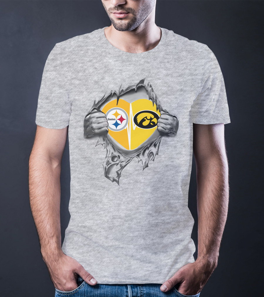 Steelers Hawkeyes Heartbeat Inside Layered Heart T-Shirt