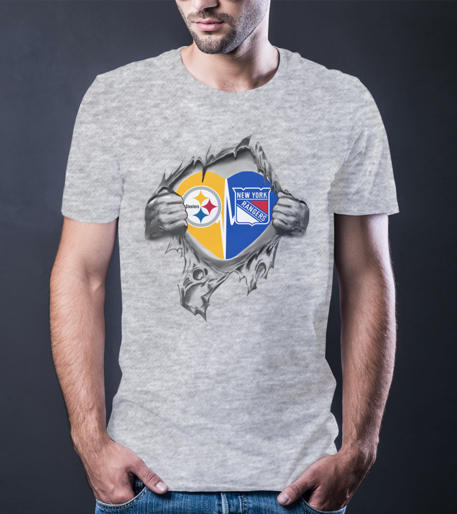 Steelers New York Rangers Heart Logos Emblem Torn T-Shirt