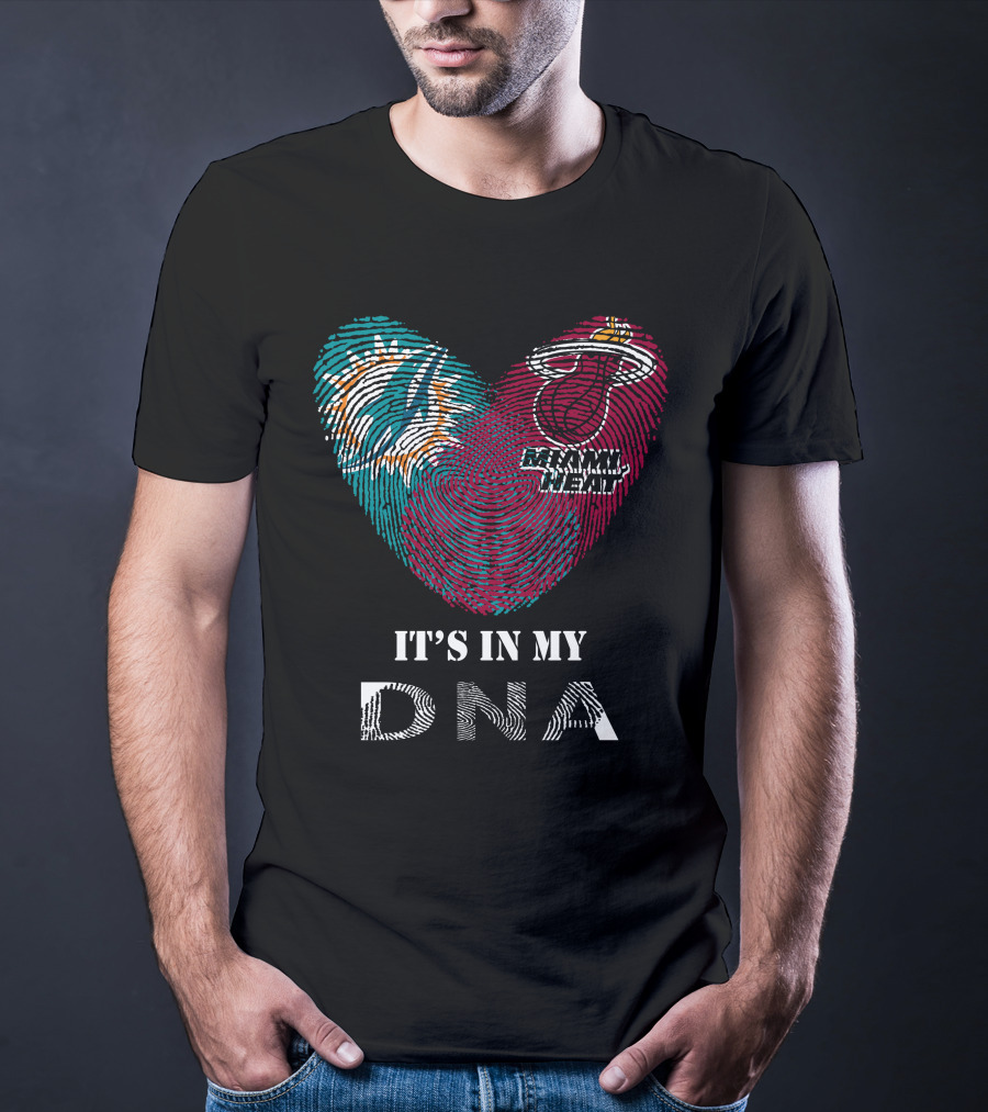 Miami Dolphins Miami Heat It's In My Dna Fingerprint Heart T-Shirt