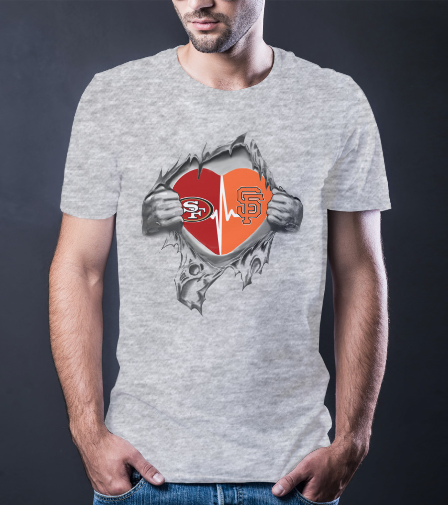 49ers Giants Heartbeat Logo Blended In Torn Heart T-Shirt