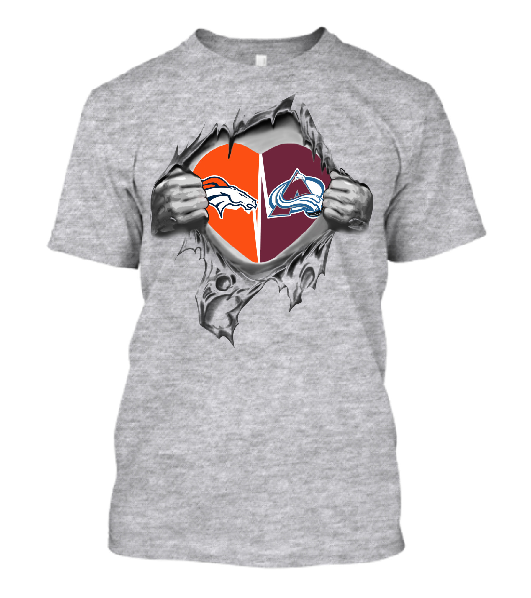 Broncos Avalanche Heart Logos Torn Gray Background T-Shirt