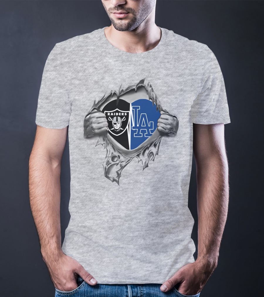 Raiders Dodgers Heart Emblem Tear Fusion T-Shirt