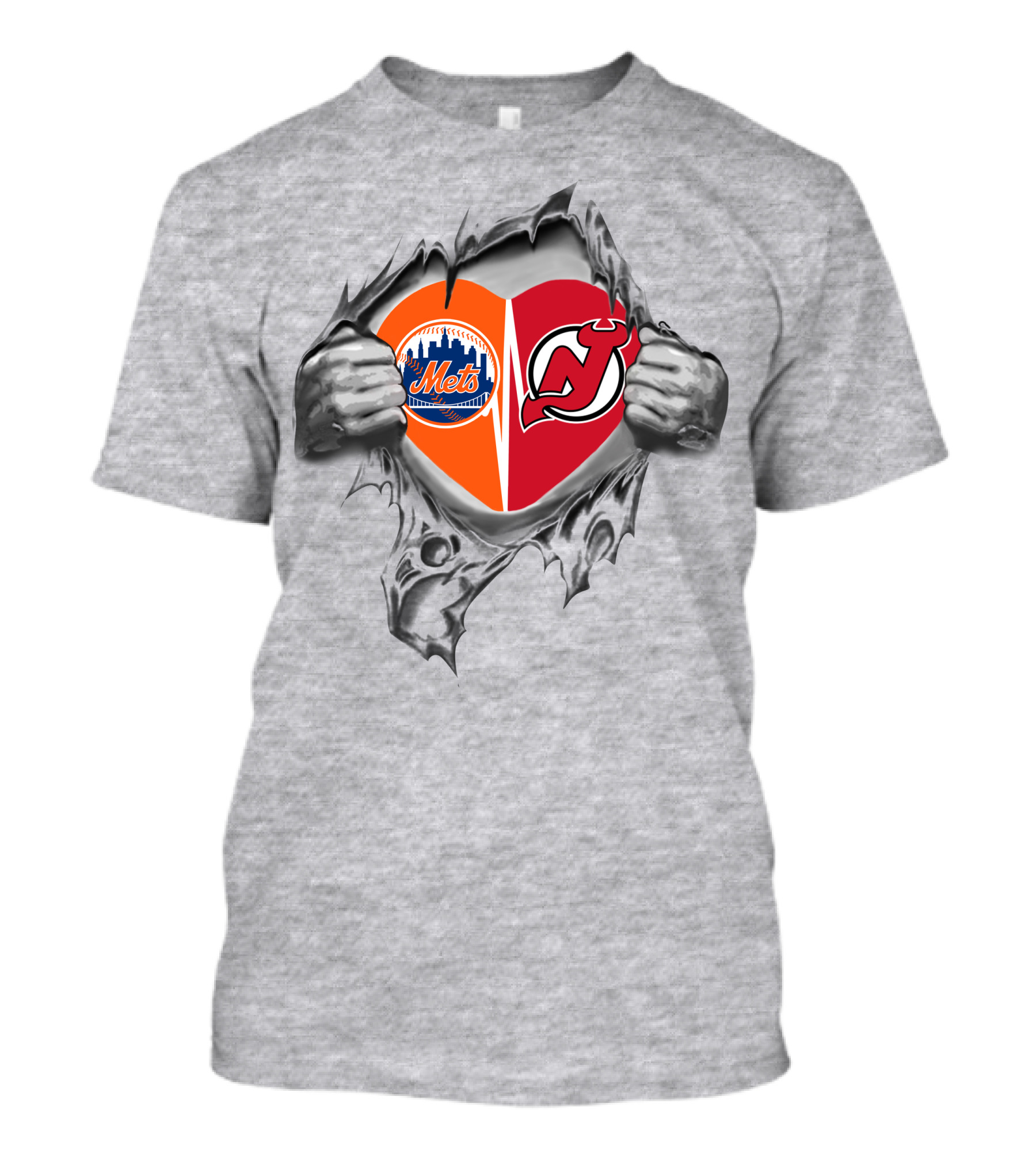 Mets Devils Heart Ripping Baseball Hockey Fan Logos T-Shirt