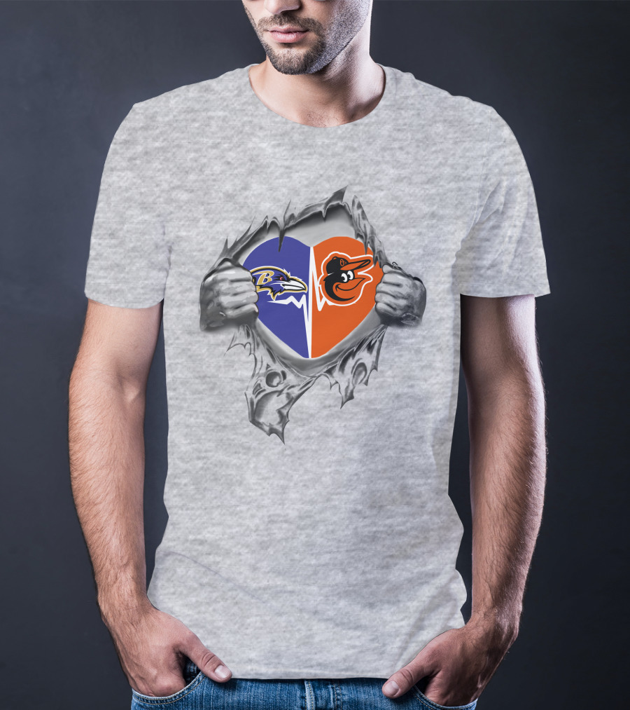 Ravens Orioles Heart Torn Design With Team T-Shirt