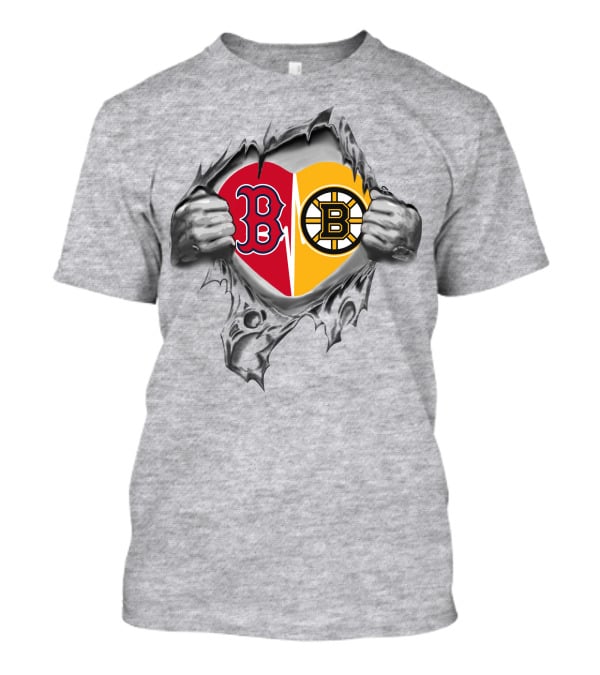 Red Sox Bruins Heart With Tattered Team Logos And Hands Peeling Open T-Shirt