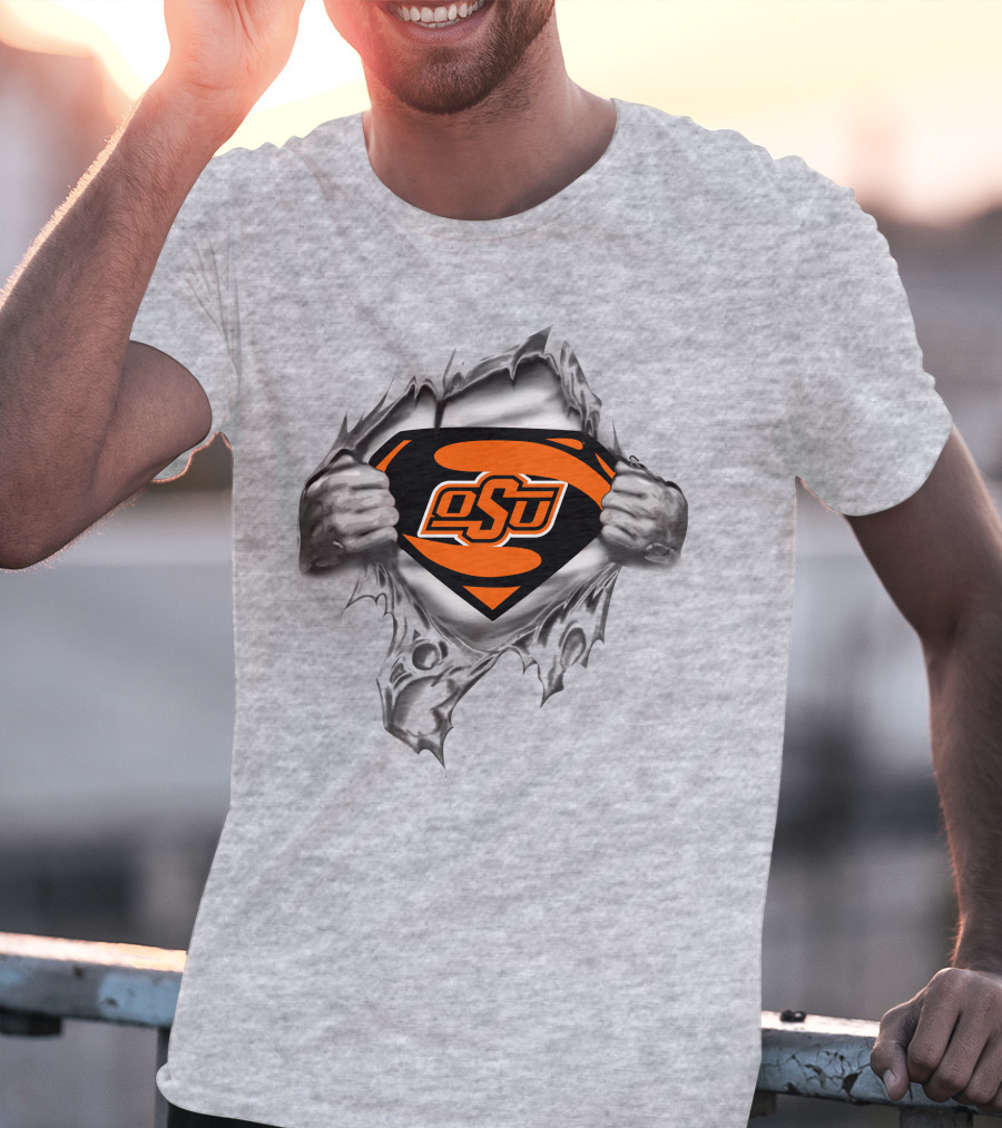 Osu Oklahoma State Cowboys Super Man Logo Rip T-Shirt