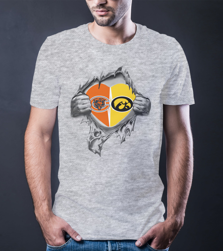 Bears Iowa Hawkeyes Heart Design With Chicago Bears And Iowa Hawkeyes Logo Combinación T-Shirt