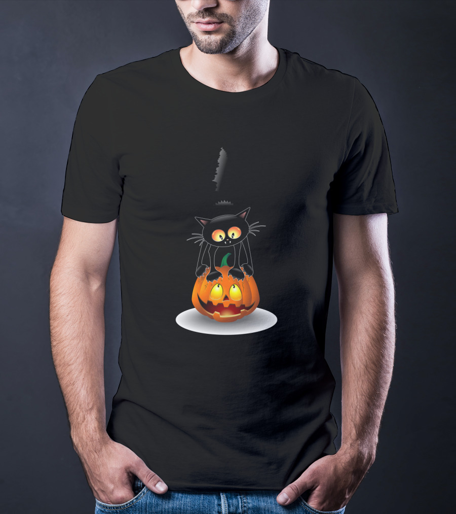 Disney Mickey Mouse Halloween Pumpkin Head With Black Cat Jack O'lantern T-Shirt