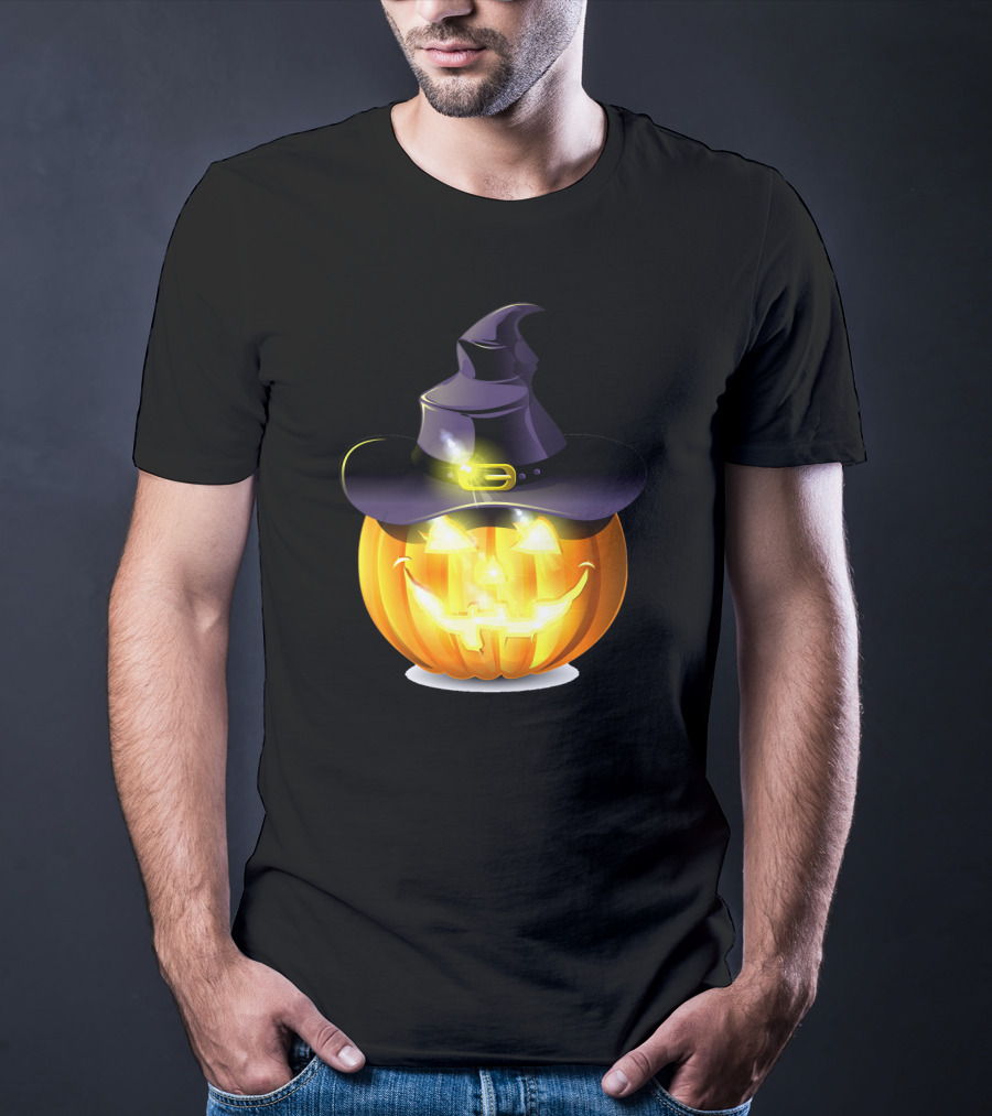Halloween Pumpkin With Witch Hat And Glowing Smile T-Shirt