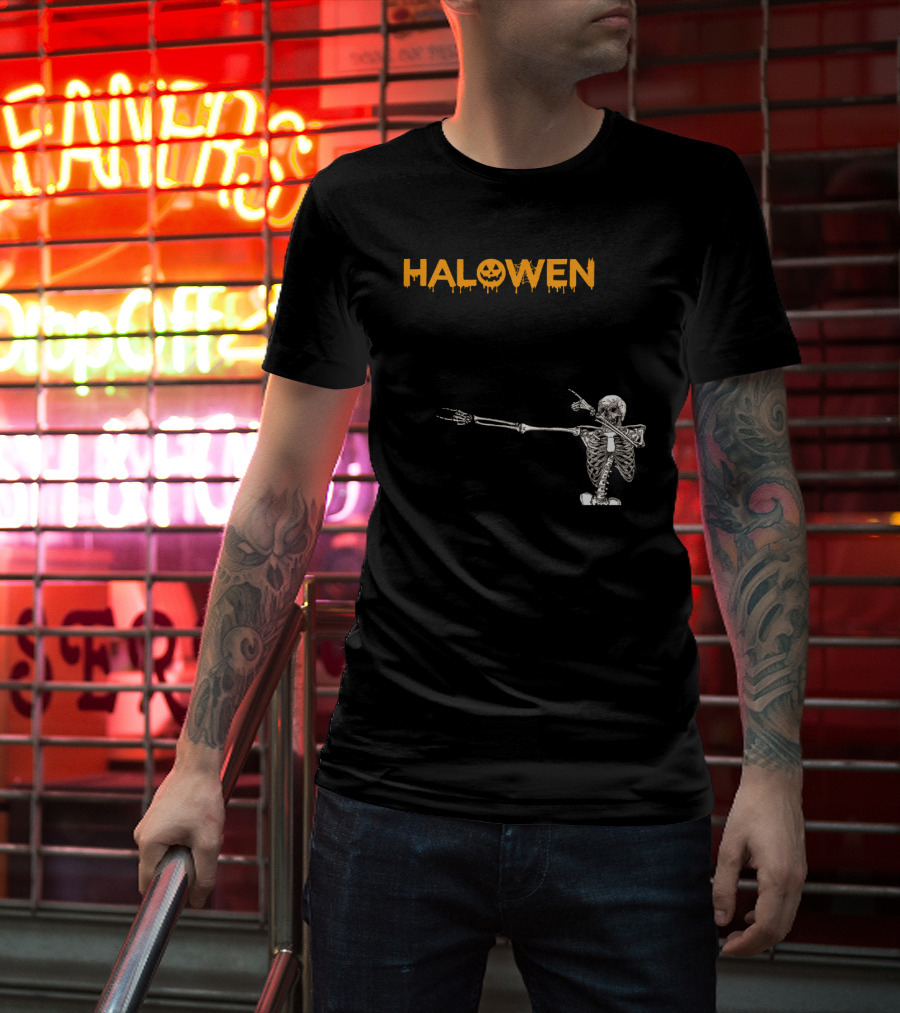 Halowen Skeleton Dabbing With Pumpkin Face T-Shirt