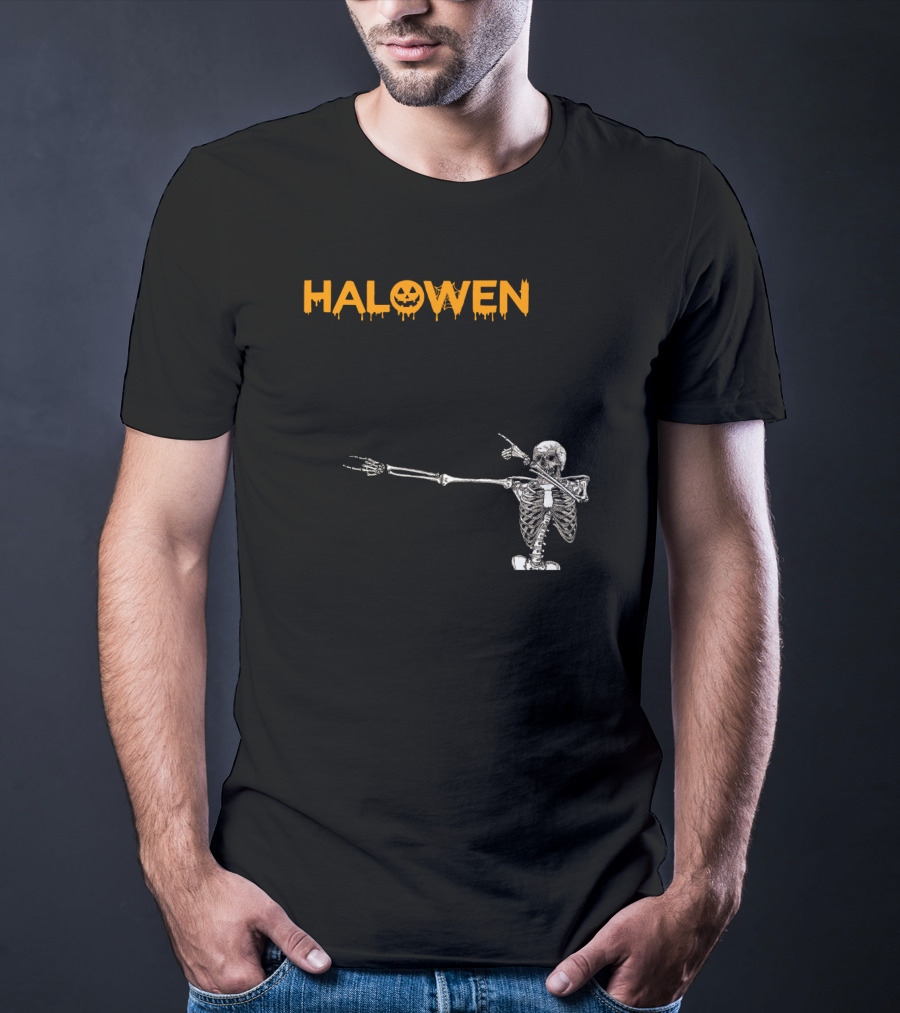 Halowen Skeleton Dabbing With Pumpkin Face T-Shirt