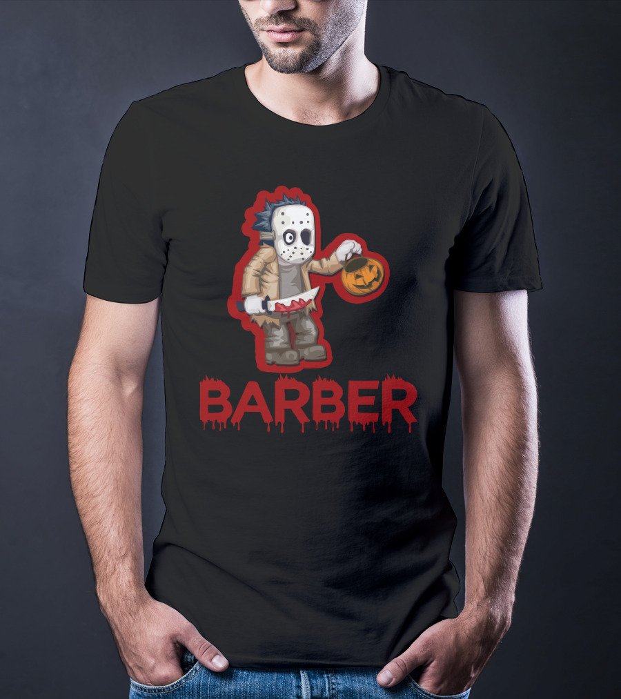 Halloween Barber Hairstylist Masked Horror With Pumpkin And Knife T-Shirt