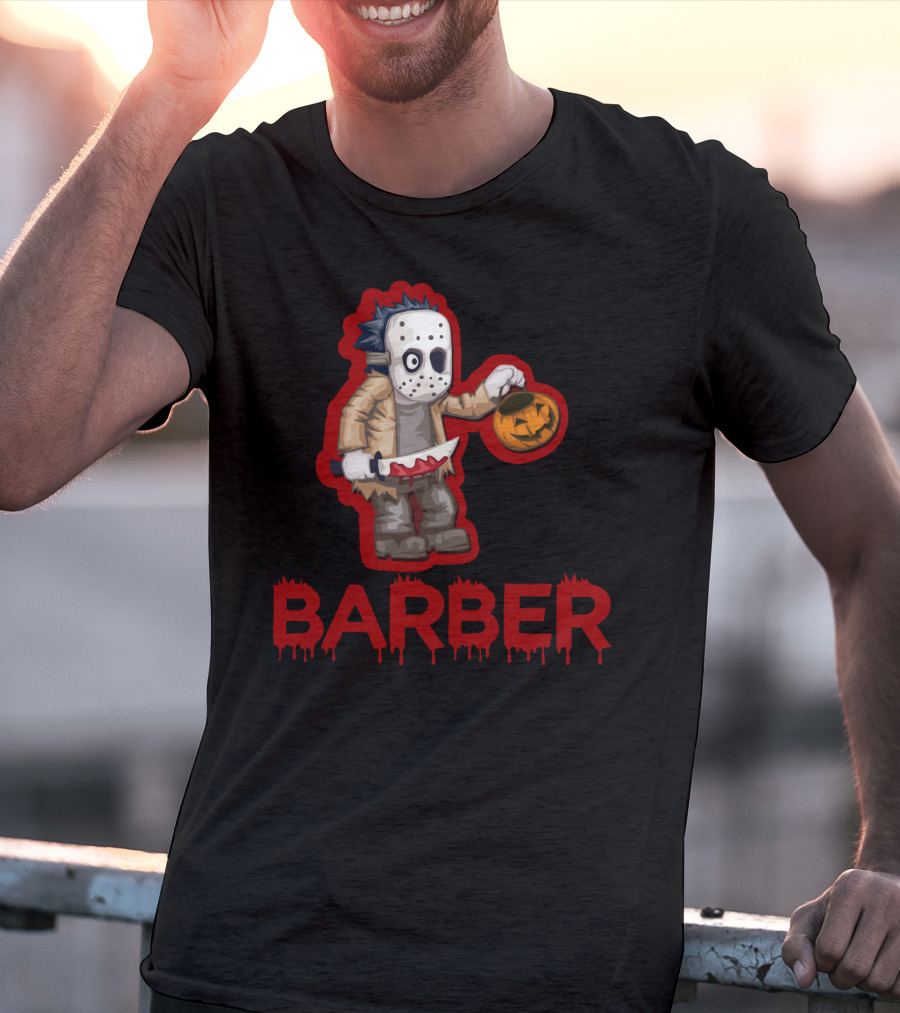 Halloween Barber Hairstylist Masked Horror With Pumpkin And Knife T-Shirt
