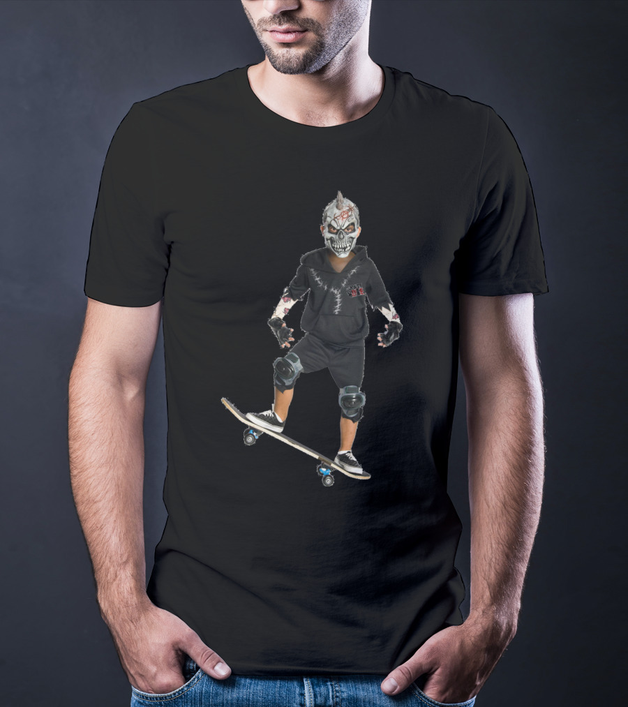 Halloween Costume Party Boy With Skull Mask On Skateboard T-Shirt
