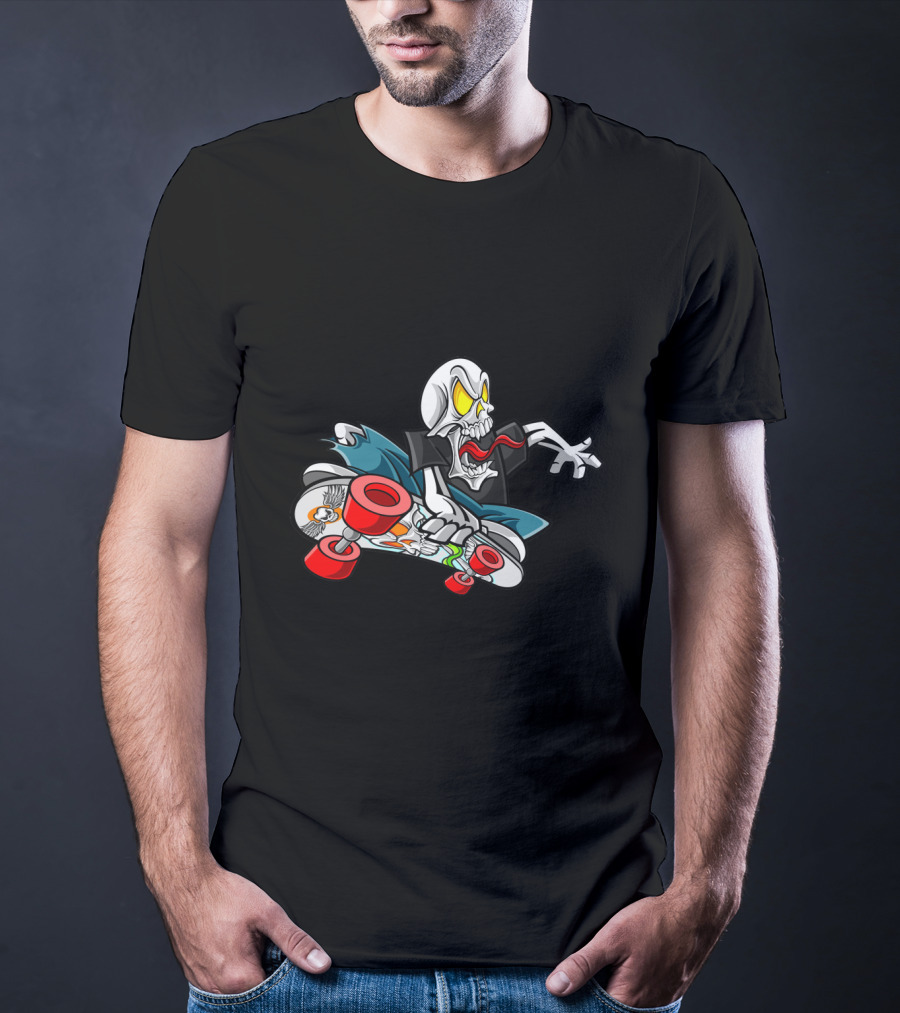 Halloween Skull Skateboarder With Red Wheels And Yellow Eyes T-Shirt