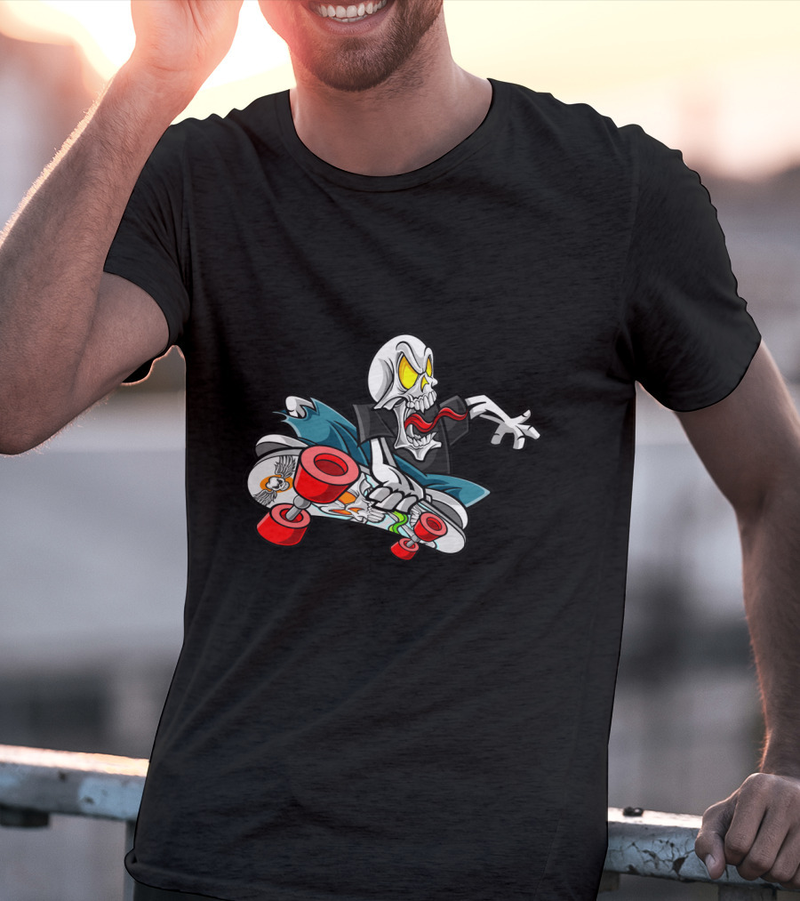 Halloween Skull Skateboarder With Red Wheels And Yellow Eyes T-Shirt