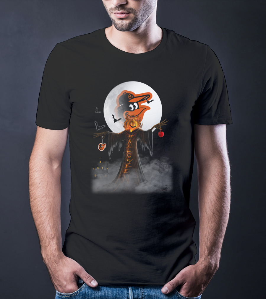 Halloween Baltimore Orioles Spooky Full Moon Scarecrow With Bats T-Shirt