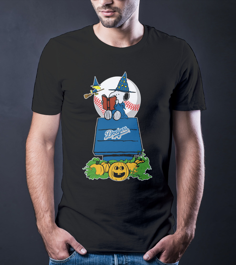 Halloween Dodgers Snoopy Wizard With Woodstock And Pumpkins T-Shirt