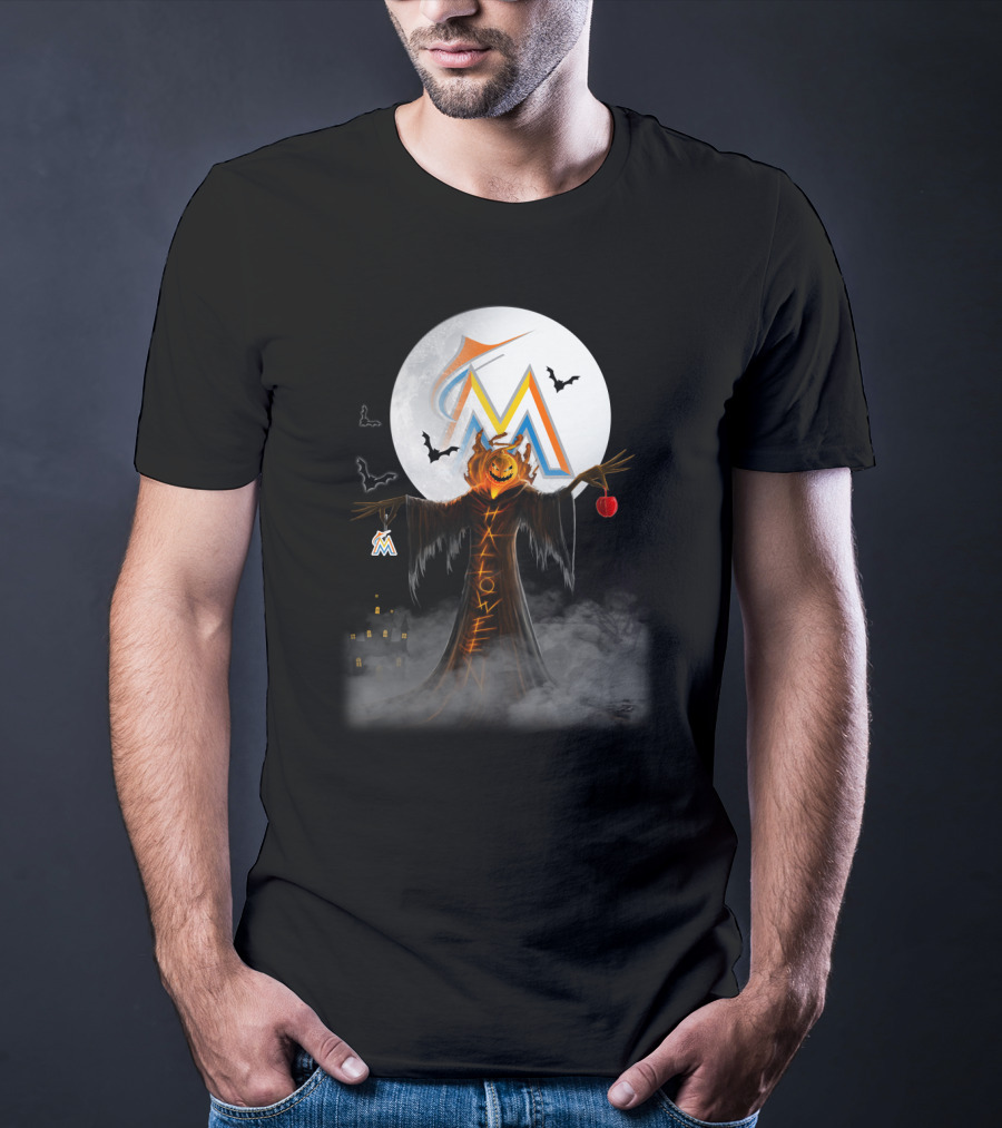 Halloween Miami Marlins Pumpkin Moon Bats And Haunted Castle T-Shirt