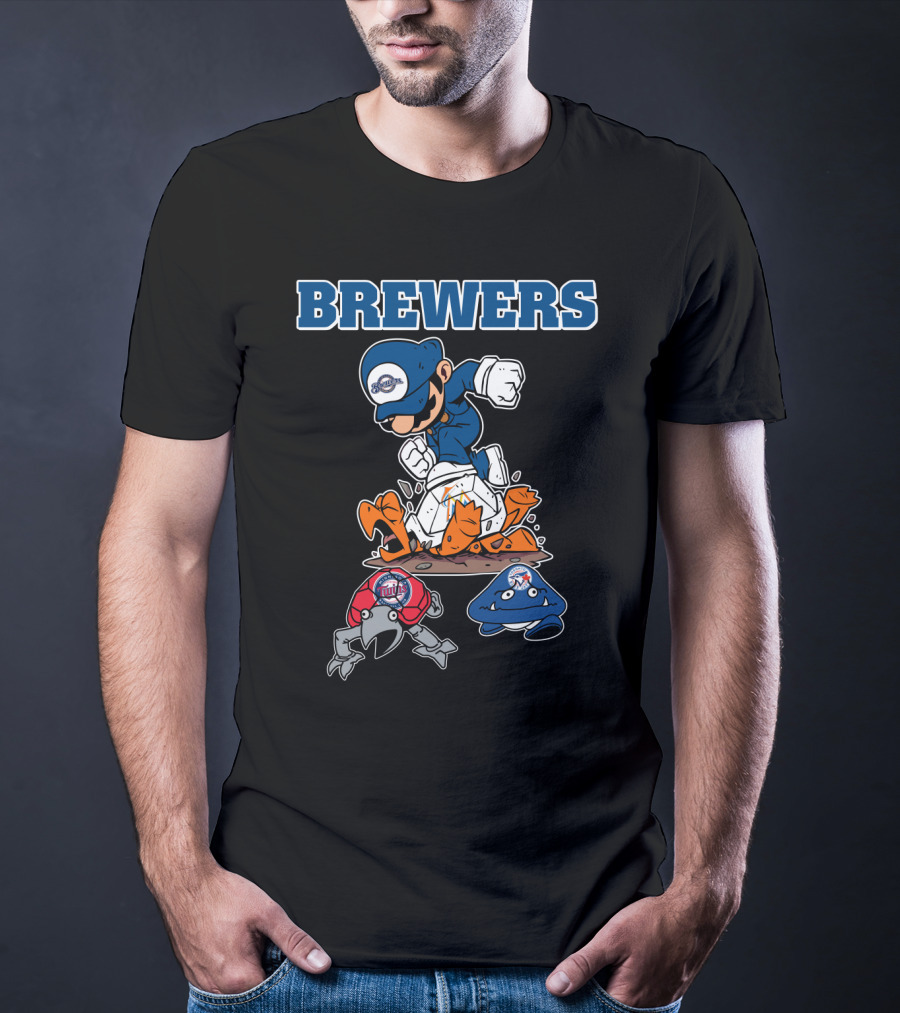 Brewers Cartoon Character In Blue Cap Stomping Orange And Red Creatures T-Shirt