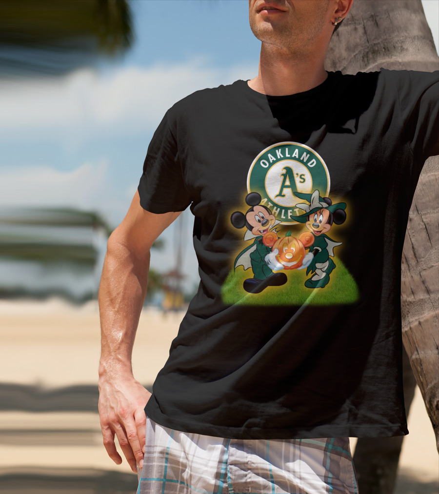 Oakland Athletics Halloween Mickey And Minnie With Pumpkin T-Shirt