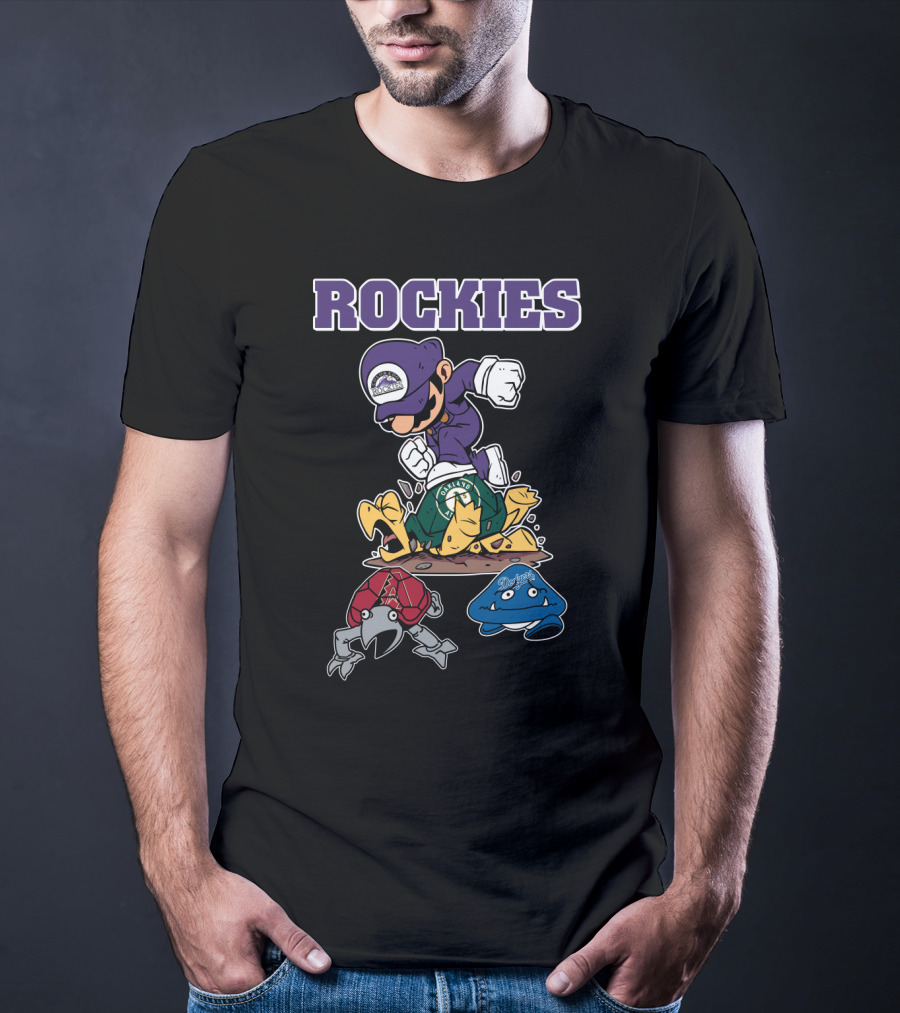 Rockies Character Action With Opponents In Green Yellow Red Blue Gear T-Shirt