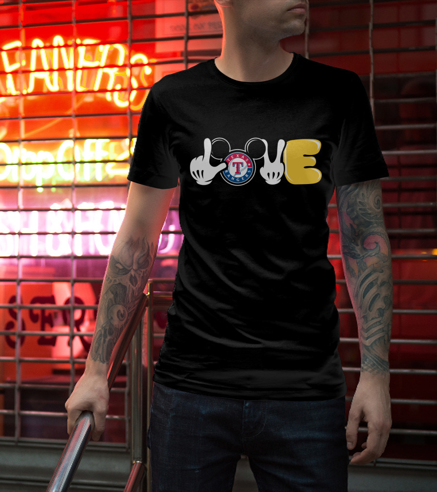 Love Texas Rangers Mickey Mouse Ears And Gloves T-Shirt