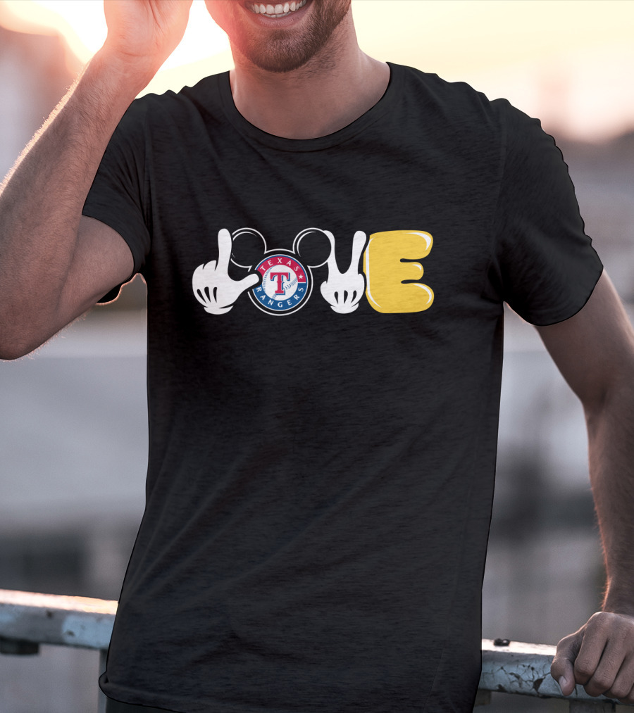 Love Texas Rangers Mickey Mouse Ears And Gloves T-Shirt