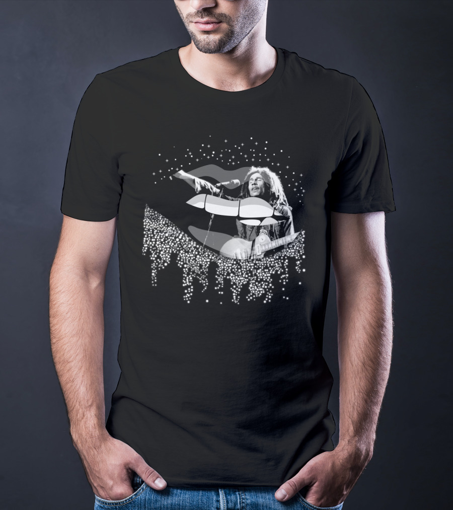 Bob Marley Black And White Lips With Guitar And Sparkle T-Shirt