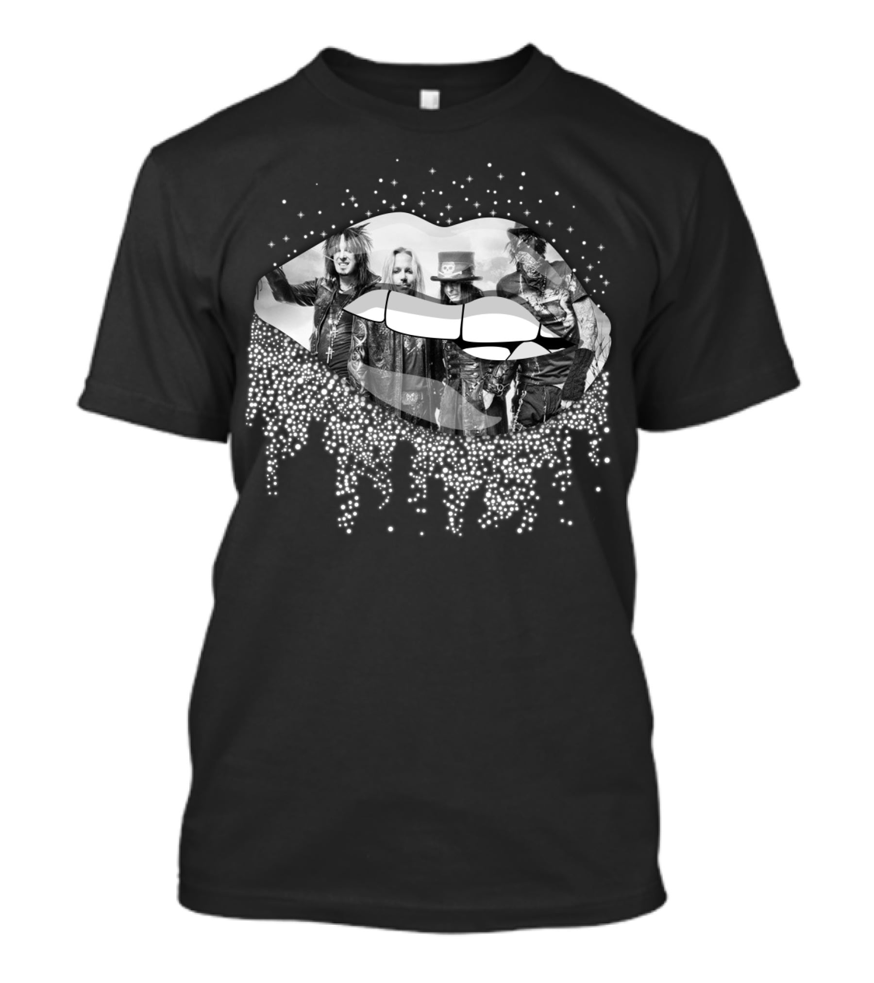 Mötley Crüe Black And White Glam Rock Band Collage With Glittery Lips T-Shirt