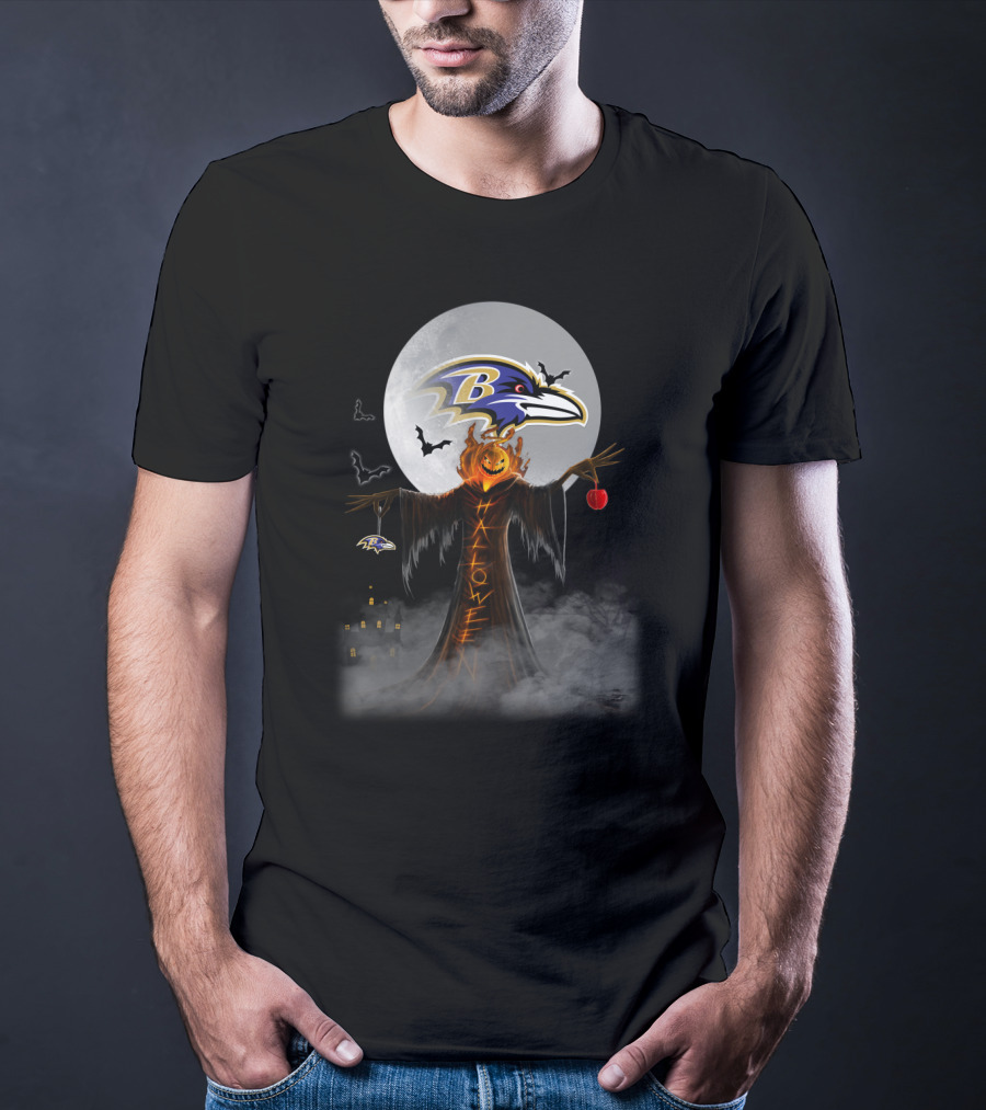 Baltimore Ravens Halloween Moon With Scarecrow And Pumpkin Head T-Shirt