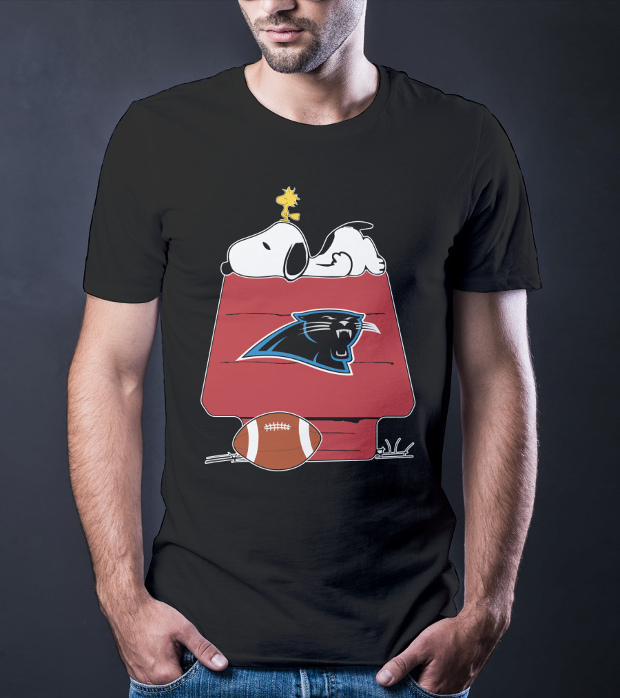 Snoopy And Woodstock On Doghouse With Carolina Panthers Logo And Football T-Shirt