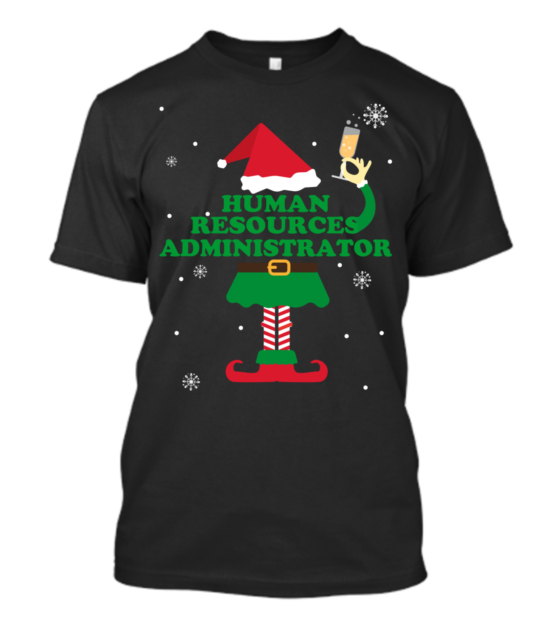 Human Resources Administrator Elf With Champagne And Snowflakes T-Shirt