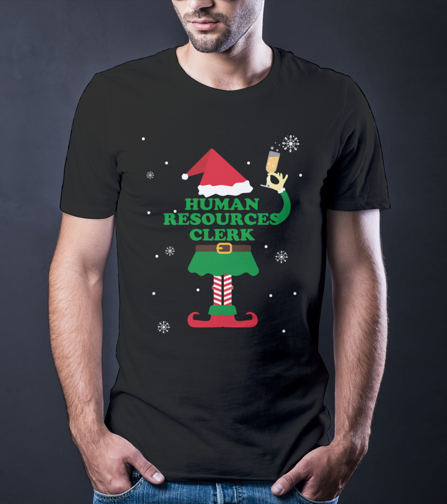 Human Resources Clerk Elf With Champagne Glass And Santa Hat T-Shirt