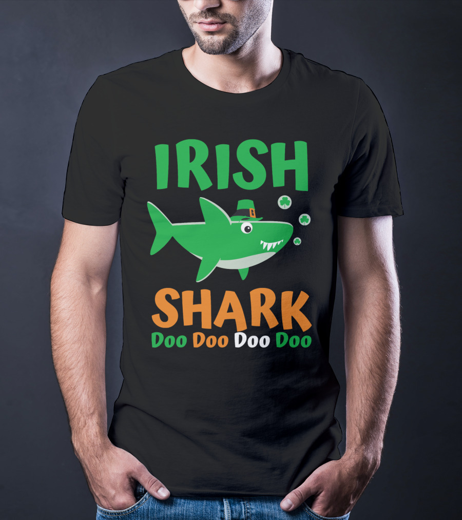 Irish Shark Doo Doo Doo St. Patrick's Day Fun With Leprechaun Hat And Shamrocks T-Shirt