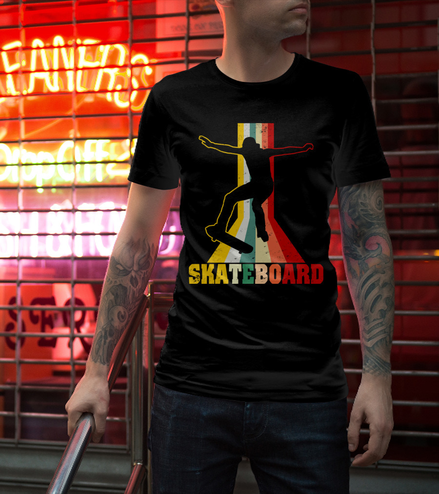 Retro Skateboard Silhouette With Vintage Color Stripes T-Shirt