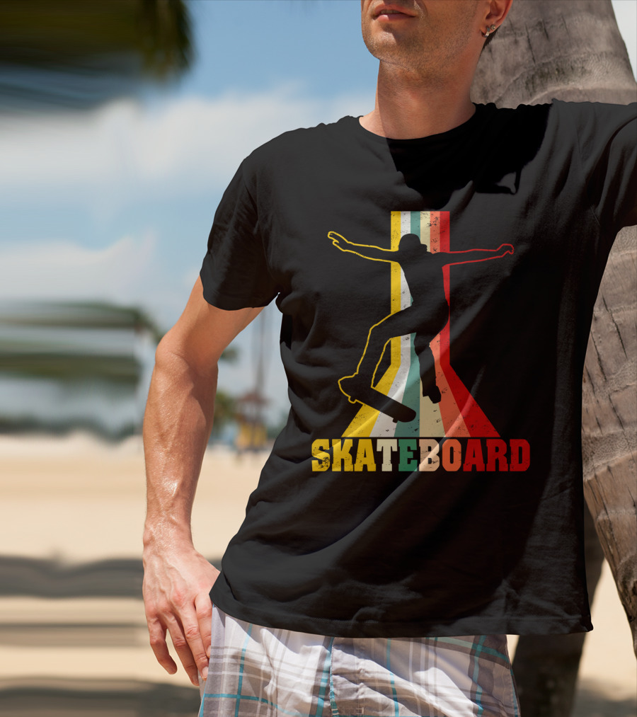 Retro Skateboard Silhouette With Vintage Color Stripes T-Shirt