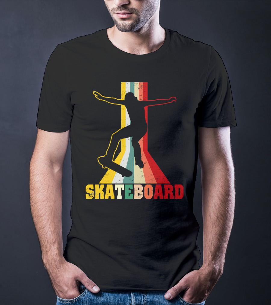 Retro Skateboard Silhouette With Vintage Color Stripes T-Shirt
